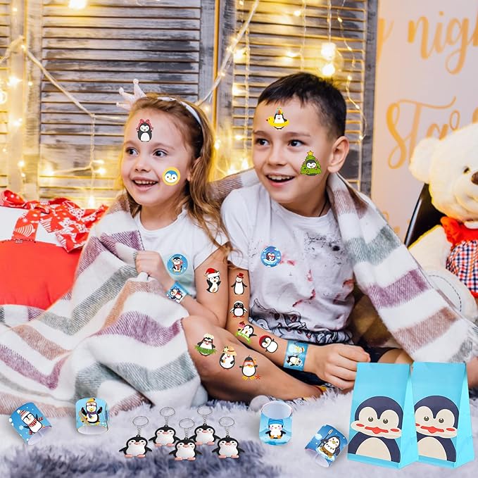 Penguin Party Favors, Penguin Temporary Tattoos Slap Bracelets Keychains Badges Gift Bags for Winter Penguin Birthday Party Supplies Decorations Gifts for Kids Classroom Rewards Baby Shower