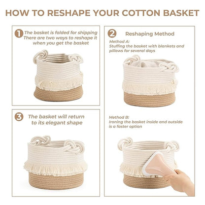 CherryNow Small Woven Storage Baskets Cotton and Jute Rope Decorative Hamper for Diaper, Blankets, Magazine and Keys, Cute Tassel Nursery Decor - Home Storage Container – 9.5'' x 7''