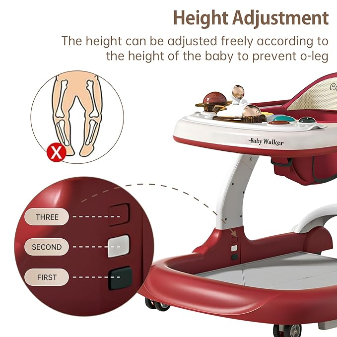 Baby Walker with Wheels Music and Lights with 9 Adjustable Heights Anti-Fall Baby Walker and Bouncer Combo for Boys Girls Babies 6-18 Months (Red and White)