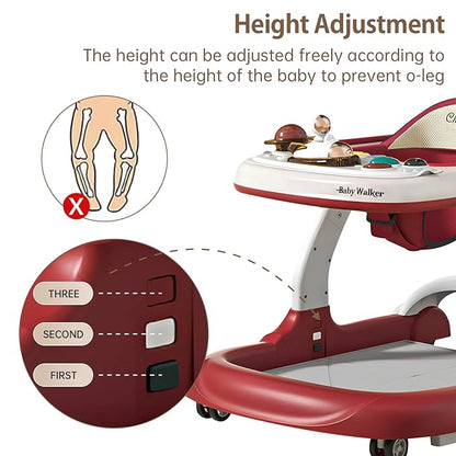 Baby Walker with Wheels Music and Lights with 9 Adjustable Heights Anti-Fall Baby Walker and Bouncer Combo for Boys Girls Babies 6-18 Months (Red and White)