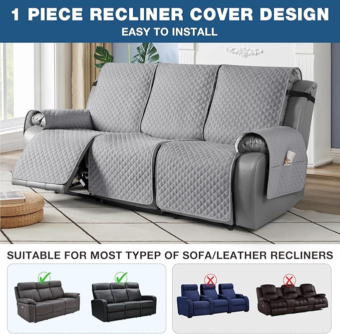 TAOCOCO Recliner Sofa Slipcover Couch Covers for 3 Cushion Couch, Pet Sofa Cover for 3 Seat Recliner Sofa, Washable Reclining Furniture Protector with Elastic Straps(3 Seater, Light Gray)
