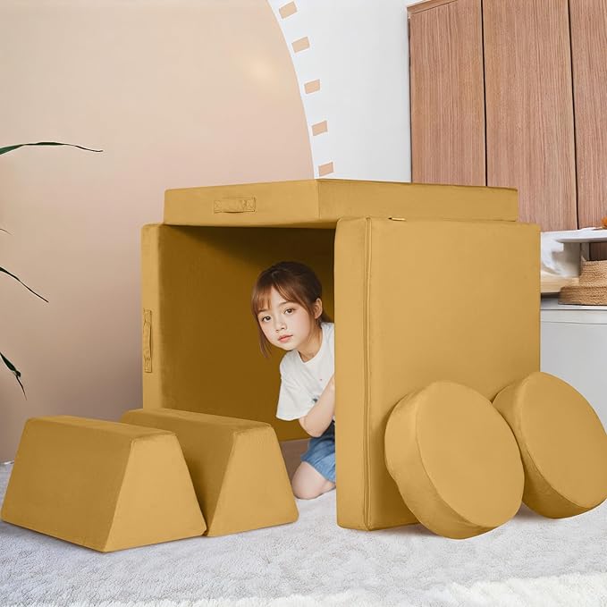 MeMoreCool Modular Kids Couch Sofa, Mustard 8-Piece Convertible Foam Play Couch Set for Toddlers and Playroom