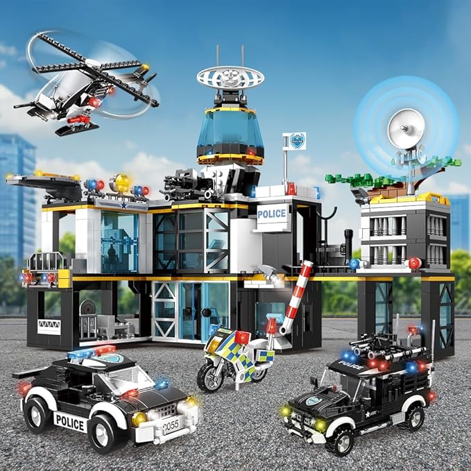 HOGOKIDS City Police Station Building Set - 1261 PCS Police Building Blocks Toys with Helicopter Motorcycle and 2 Cars, STEM Police Construction Playset for Kids Boys Girls Aged 8 9 10 11 12+