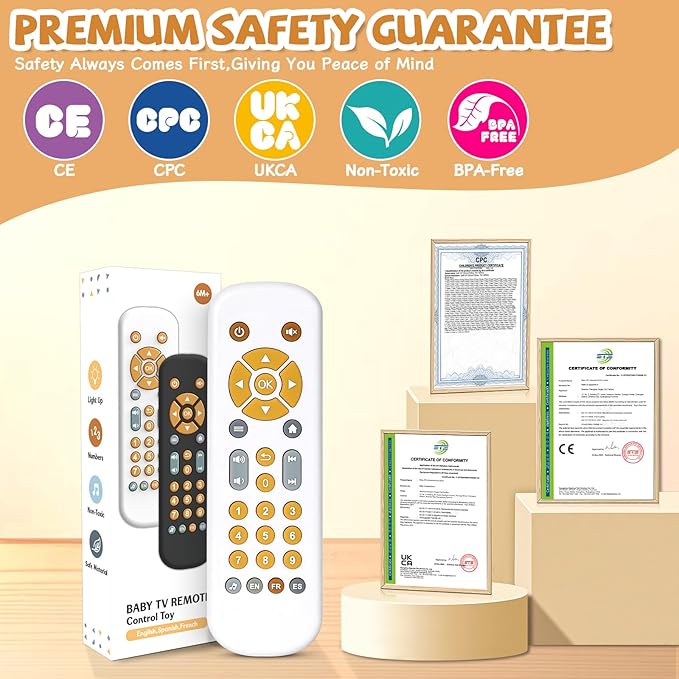 Orzbow Baby Remote Control Toy for 6 Months+ with Music, TV Remote Toy with Realistic Light and Sound - English, French and Spanish for Infant Play - BPA Free, White