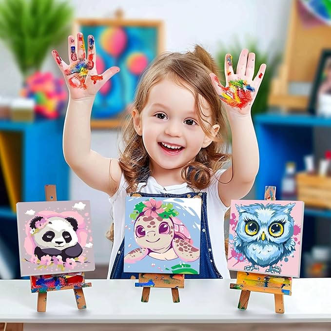 4pc Animal Paint by Numbers Kit for Kids Beginner Paint by Number Kits Age 4-8 Painting Kits for Kids Ages 8-12 Girls Framed Canvas Paint by Number Animals Drawing Kit Color by Number Kids 8x8 Inch