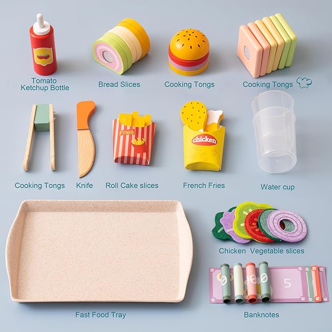 ROBUD Pretend Play Food Toys for Kids Toddlers, Wooden Kitchen Food Sets for Boys Girls - Sandwich Counter with Deli Slicer