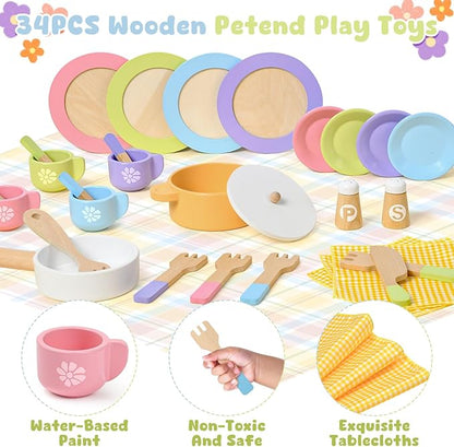 Toyssa 34 PCS Wooden Play Dishes and Plates Kitchen Set Toys for Toddler, Kids Play Kitchen Accessories with Pan & Tableware, Montessori Pretend Cooking Set Birthday Gifts for 3 4 5 6 Years Girls Boys