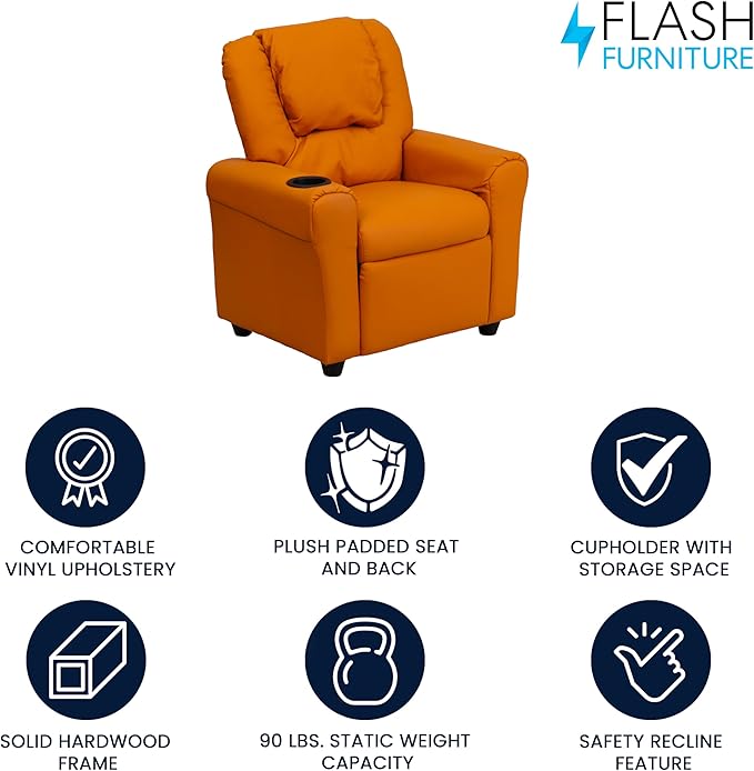 Flash Furniture Vana Vinyl Kids Recliner with Cup Holder, Headrest, and Safety Recline, Contemporary Reclining Chair for Kids, Supports up to 90 lbs., Orange