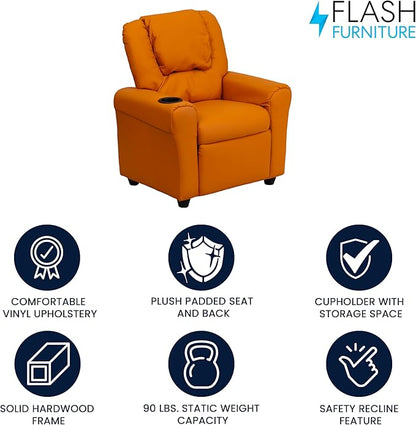 Flash Furniture Vana Vinyl Kids Recliner with Cup Holder, Headrest, and Safety Recline, Contemporary Reclining Chair for Kids, Supports up to 90 lbs., Orange
