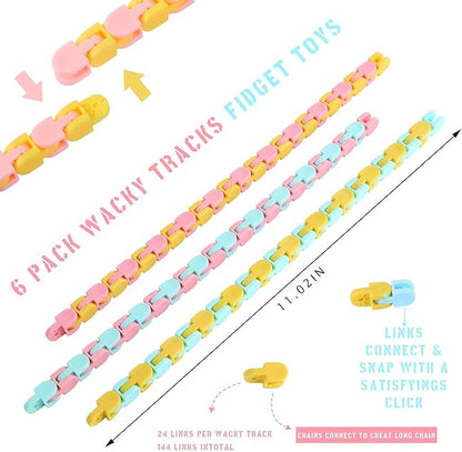 Woosir 6 Pack Wacky Tracks Fidget Toys Gifts for Kids Classroom Brithday Christmas Party Favors 24 Links Sensory Snap Fidget Snake Click Toys for Kids Adult Stress Relief Party Gifts Macarons Colors