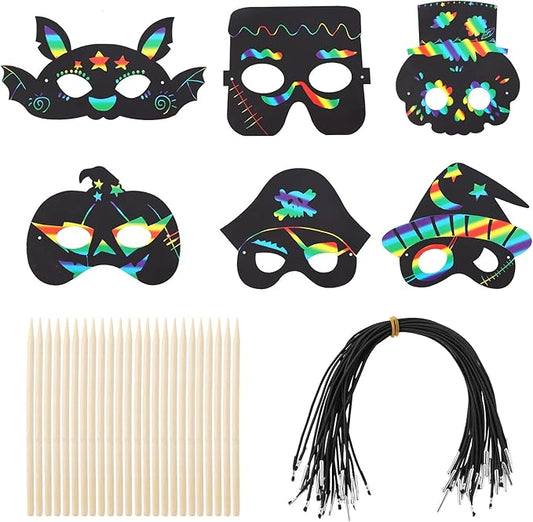 48pcs Halloween Mask Craft Kit for Kids, Funny Halloween Scratch Paper Mask with Elastic Cord Wooden Stick Scratch Masks for Halloween Party Favor