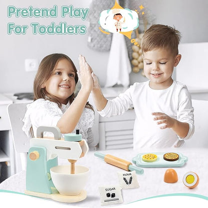 Play Kitchen Accessories, Frogprin Wooden Toy Mixer Set, Pretend Play Food Sets for Kids Kitchen - Includes Extra Egg, Rolling Pin, Cookies, Sugar, Flour