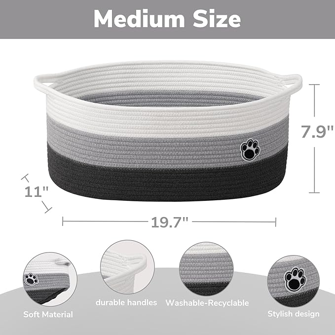 Large Dog Toy Basket, 19.7" X 11" X 7.9" Woven Baskets for Dog Cat Storage, Toy Basket with Handles for Nursery, Living Room, Gift Baskets Empty for Baby Shower, Mixed-Gray