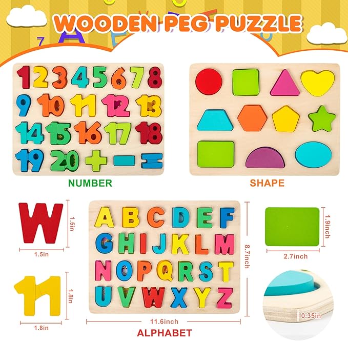 Wooden Puzzles for Toddlers, Alphabet Puzzle and Number Shape Puzzle, 3 in 1 Preschool Educational Learning Toys with Chunky Wood ABC Puzzle Board for 2 3 4 5 Girls Boys Kindergarten Set of 3