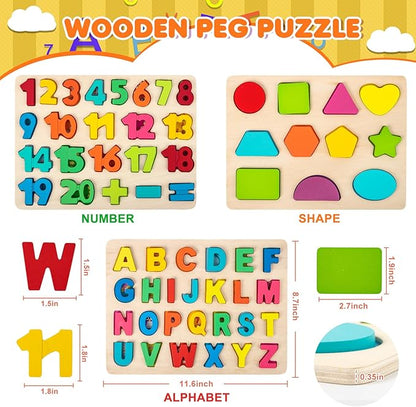 Wooden Puzzles for Toddlers, Alphabet Puzzle and Number Shape Puzzle, 3 in 1 Preschool Educational Learning Toys with Chunky Wood ABC Puzzle Board for 2 3 4 5 Girls Boys Kindergarten Set of 3