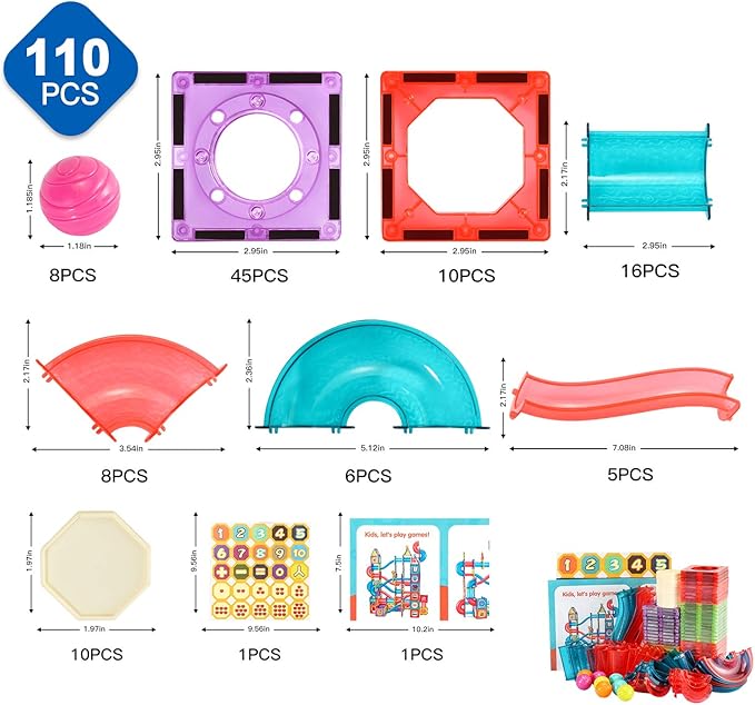 Magnetic Tiles, Magnetic Pipe Blocks, Marble Run STEM Building Set, 110Piece, GIft for Children Boys and Girls