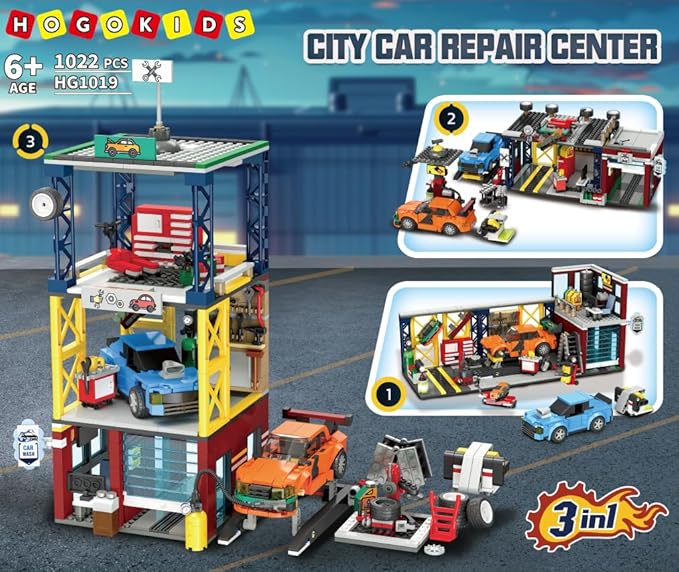 HOGOKIDS City Car Garage Building Set, 1022 PCS 3 IN 1 Auto Repair Shop, Gas Station, Car Wash Building Block with 2 Custom Cars Pretend Play Mechanic Toy Birthday Gift for 8-14+ Boys Teens Girls Kids