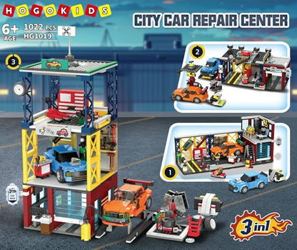HOGOKIDS City Car Garage Building Set, 1022 PCS 3 IN 1 Auto Repair Shop, Gas Station, Car Wash Building Block with 2 Custom Cars Pretend Play Mechanic Toy Birthday Gift for 8-14+ Boys Teens Girls Kids