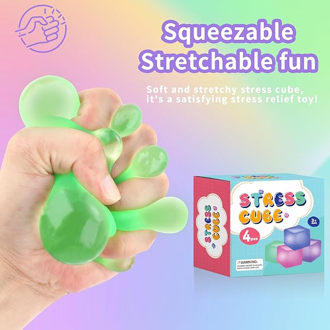 Fidget Toy Stress Cube 4 Pack, Cube Squishies Anxiety Stress Relief with Thick Substance,Fidgets for Classroom,Stress Balls for Adults Kids Children Teens