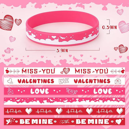 48pcs Valentine's Day Silicone Wristband Happy Valentine's Day Party Favors Pink Red Love Heart Rubber Bracelets Adults Valentine's Day gifts for Kids Classroom Festival Prizes, 6 Designs