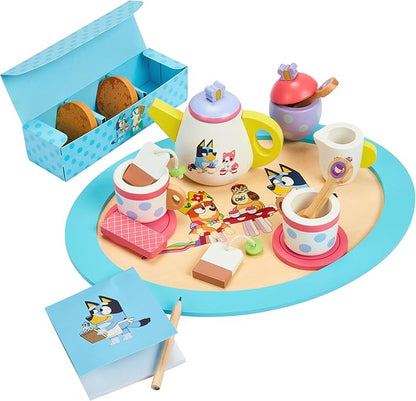 Bluey – Tea Party Set – Wooden 18-Piece Pretend Play Set with Tray, Teapot, Tea Cups, Biscuits, and Notepad for Children 3 Years and up – Imaginative Fun and Role-Playing, FSC Certified