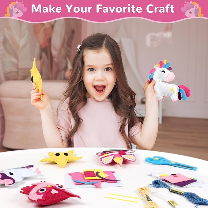 16 Sets Unicorn DIY Stuffed Craft Kit Valentine's Day Sewing Kit Animals Stars DIY Sewing Set for Beginners Cake Educational Gift Set for Boys and Girls Unicorn Felt Ornaments Decorations for kids