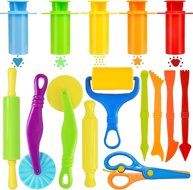 LCY WEDSHI Dough Tool Set, 15 Pcs Dough Tools Sets for Kids Ages 4-8, Dough Accessories Includes Cutters Roller, Rolling Pins, Safety Scissors, Plastic Knife