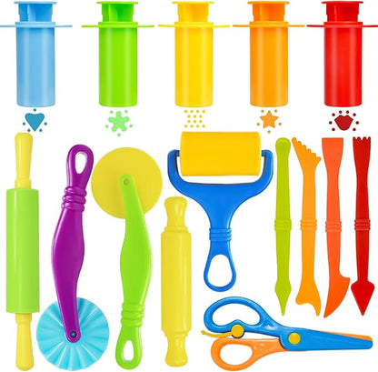 LCY WEDSHI Dough Tool Set, 15 Pcs Dough Tools Sets for Kids Ages 4-8, Dough Accessories Includes Cutters Roller, Rolling Pins, Safety Scissors, Plastic Knife