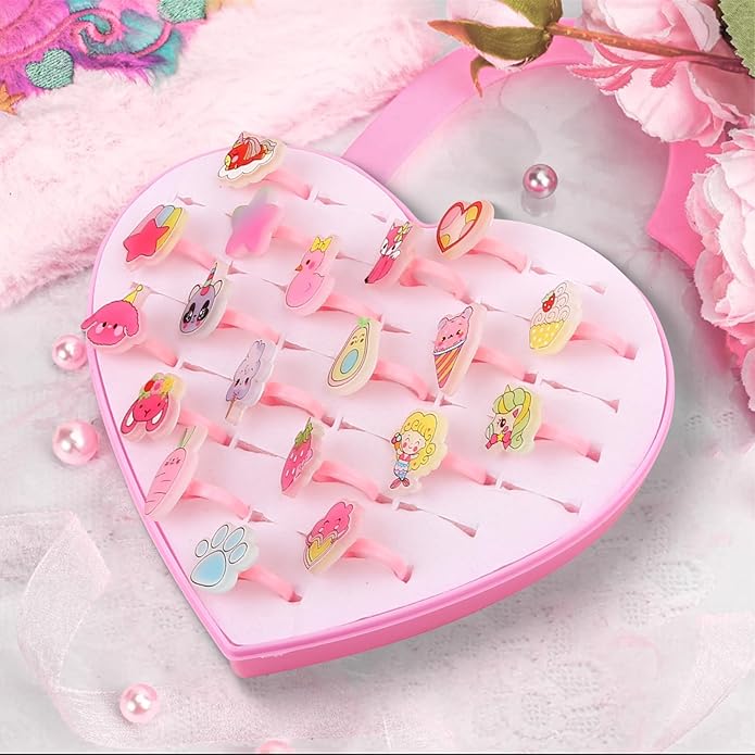 Little Girl Jewel Rings, Adjustable Pink Rings Girls Kids Pretend Play and Dress up Jewelry Set, Cute Rings with Display Case Party Favors Toys Gifts