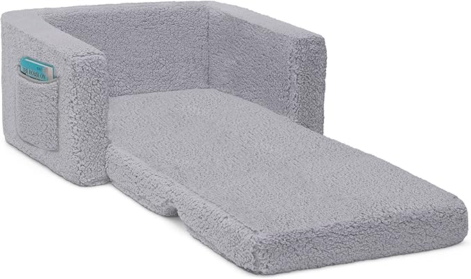 Delta Children Cozee Flip-Out Sherpa 2-in-1 Convertible Chair to Lounger for Kids, Grey