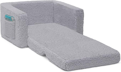 Delta Children Cozee Flip-Out Sherpa 2-in-1 Convertible Chair to Lounger for Kids, Grey