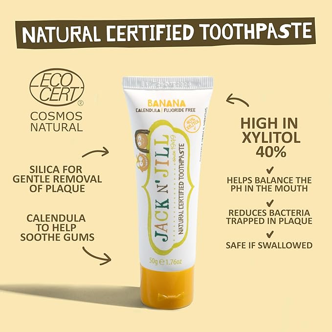 Jack N' Jill Tooth Buddy Combo Pack: Natural Certified Banana Toothpaste & Kids Toothbrush - Plastic Free Handle, Organic Fruit Flavor, Safe if Swallowed, Makes Tooth Brushing Fun for Kids