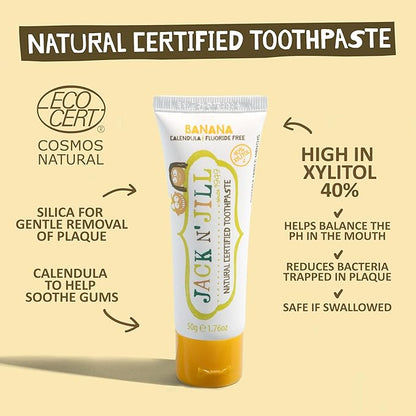 Jack N' Jill Tooth Buddy Combo Pack: Natural Certified Banana Toothpaste & Kids Toothbrush - Plastic Free Handle, Organic Fruit Flavor, Safe if Swallowed, Makes Tooth Brushing Fun for Kids