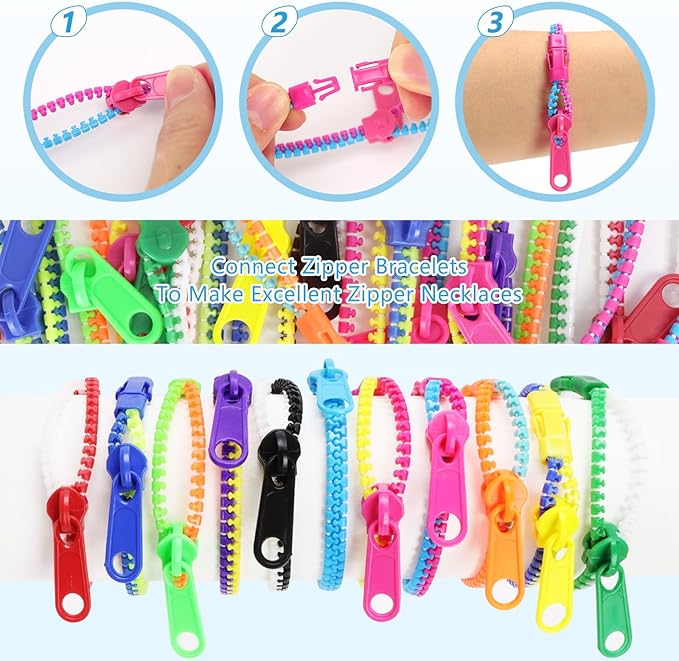 50 PCS Friendship Fidget Zipper Bracelet, 7.67 Inch Neon Colors Sensory Bracelet Bulk Set, Party Toys for Birthday, Christmas Goodie Bags, Small Prizes