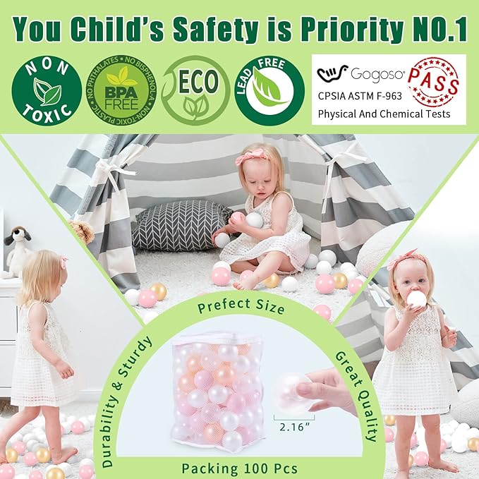 GOGOSO Baby Ball Pit Balls -100pcs Small Crush Proof Plastic Play Ball Pool Pits for Toddlers 1-3 Play Tent, Kids Birthday Party, Baby Playpen Yard, Kiddie Pool