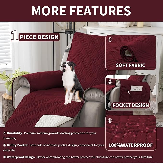 Easehomey 100% Waterproof Recliner Chair Covers, Non Slip Dog Chair Cover Furniture Protector Washable Chair Cover with Pocket, Elastic Straps for Kids,Pets,Dogs (Wine Red, 23.6")
