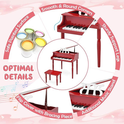 Goplus 30-Key Classical Kids Piano, Mini Grand Piano Wooden Learn-to-Play Musical Instrument Toy with Bench, Piano Lid, Music Rack, Gift for Boys Girls Aged 2+ Baby Toddler (4 Straight Leg-Red)
