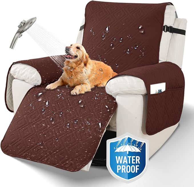 XINEAGE 100% Waterproof Recliner Cover, Non Slip Recliner Chair Cover with Elastic Band, Washable Recliner Slipcover with Storage Pockets for Kids, Pets (Coffee, 30")
