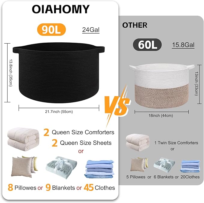 OIAHOMY 90L XXXLarge Blanket Basket for Living Room, 21.7" x 13.8" Woven Cotton Rope Laundry Basket for Organizing Pillows, Decorative Stuffed Animal Toy Storage Bin for Nursery, Black