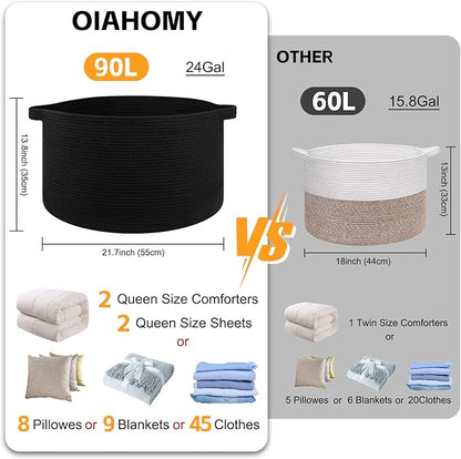 OIAHOMY 90L XXXLarge Blanket Basket for Living Room, 21.7" x 13.8" Woven Cotton Rope Laundry Basket for Organizing Pillows, Decorative Stuffed Animal Toy Storage Bin for Nursery, Black