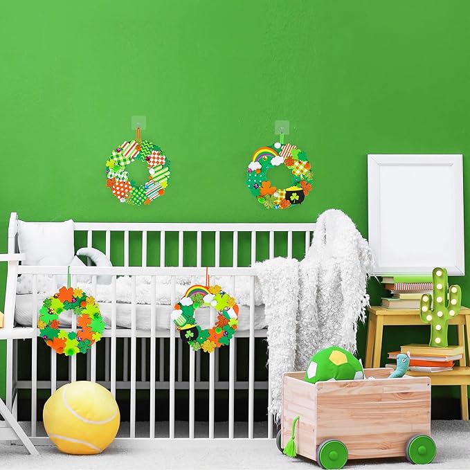 12 Sets St. Patrick's Day Shamrock Wreath Sign Decorations Foam St. Patrick's Day Craft Kits Lucky Shamrock Four-Leaf Clover Rainbow Foam Stickers for Kids Party Favors Classroom Activity Art Project