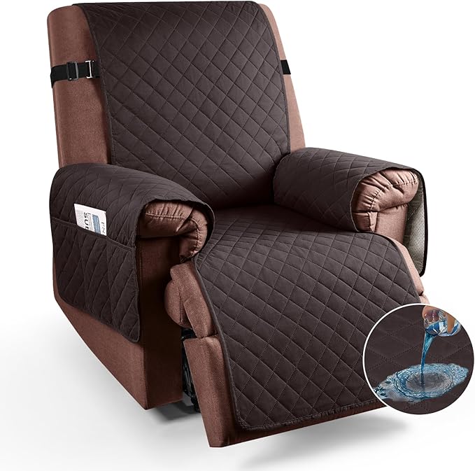 KinCam 100% Waterproof Recliner Chair Cover, Reclining Couch Covers for Pets, Dogs, Recliner Couch Slipcover Furniture Protector with Elastic Straps for Kids(28", Chocolate)