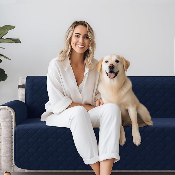CHUN YI Oversized Couch Cover, Water Resistant Sofa Cover Slipcover for 4 Cushion Sofa, Washable with Adjustable Strap Storage Pocket for Living Room Dog Pet (Oversized Sofa, Navy)