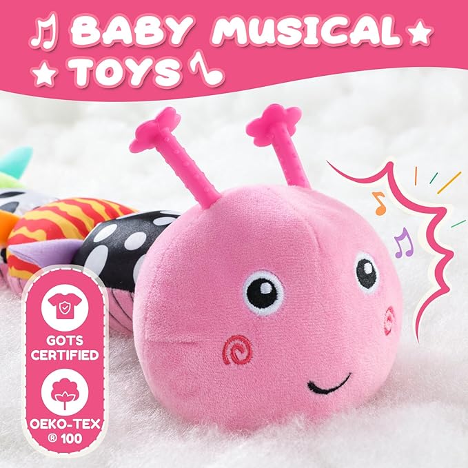 AWOTOY Baby Toys 0-6-12 Months,Musical Caterpillar Stuffed Animals Activity Infant Toys with Crinkle,Rattles,Mirror&Pull String,Muti-Sensory Toys Gifts for Newborn Tummy Time,Candy Pink|Leafy