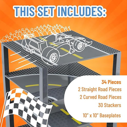 Strictly Briks Building Blocks Road Plates 10" x 10", 4 Pack City Road Classic Baseplates for Highway Bridge, Street, Race Track, Compatible with All Major Brands (2 Straight, 2 Curved, 30 Stackers)