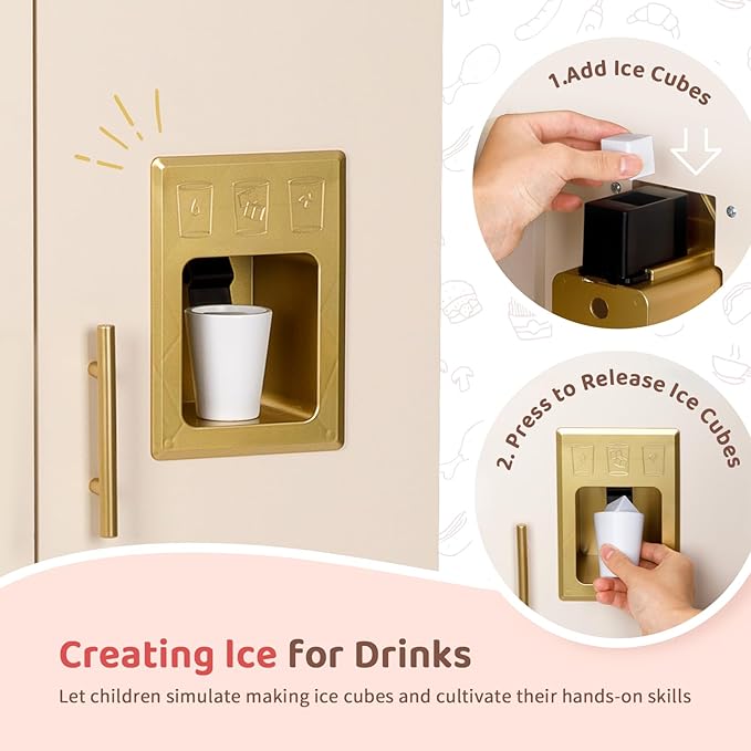 Play Refrigerator for Kids, Wooden Play Fridge with Ice Maker, Pretend Playset Toy Kitchen Sets for Toddlers