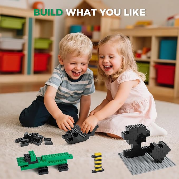 HUIZDQ 500 Piece Classic Building Bricks and 1 Gray Baseplate, 2x4 Bricks Bulk Creative Building Toys, Blocks Bulk for Kids Ages 6+, Black(Small Bricks, 1.25x0.62x0.47 in)