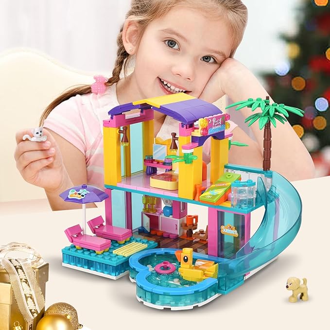 Dream Girls Friends Beach House Building Set 380 PCS Seaside Beach Villa Swimming Pool House with Slide Building Toys Summer Vacation Party Room Dream House Building Kits Gifts for Kids Girls 6-8-12
