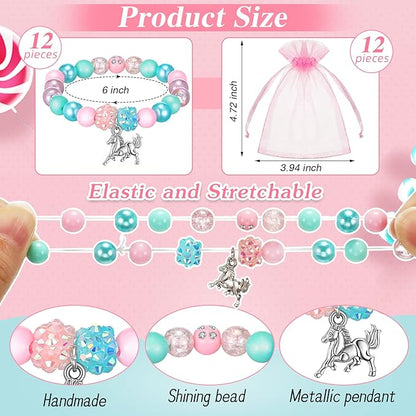 12 Pieces Horse Party Favors Bracelet for Girls Gifts 6 Inch Horse Beaded Bracelet with 12 Small Drawstring Gift Bags Pink Mesh Bags Kids Bracelet for Christmas Wedding Baby Shower Party Supplies