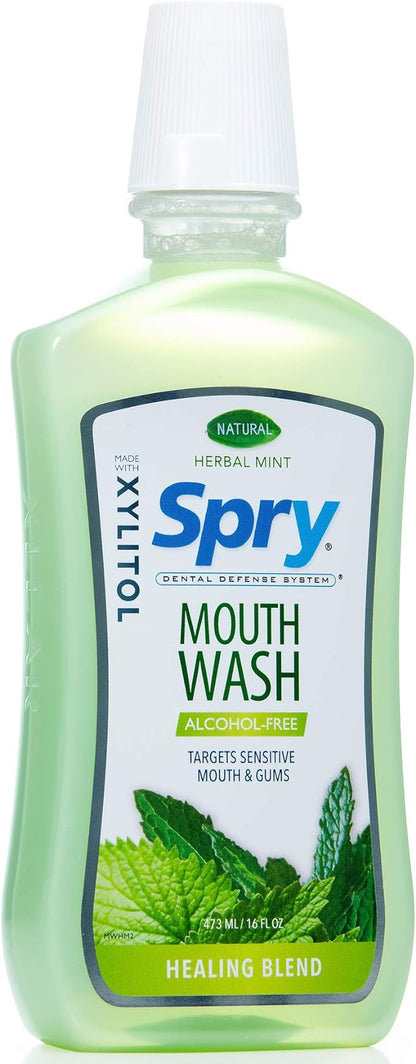 Spry Xylitol Mouthwash Fluoride Free with Enamel Support, Gentle, Natural Healing Herbal Mint - 16 fl oz (Pack of 1)